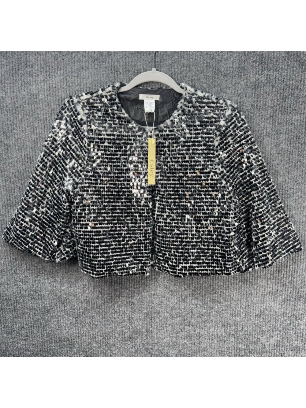 Esley Crop Jacket Womens Small Black Silver Sequin Faux Fur Bell Sleeve Bolero